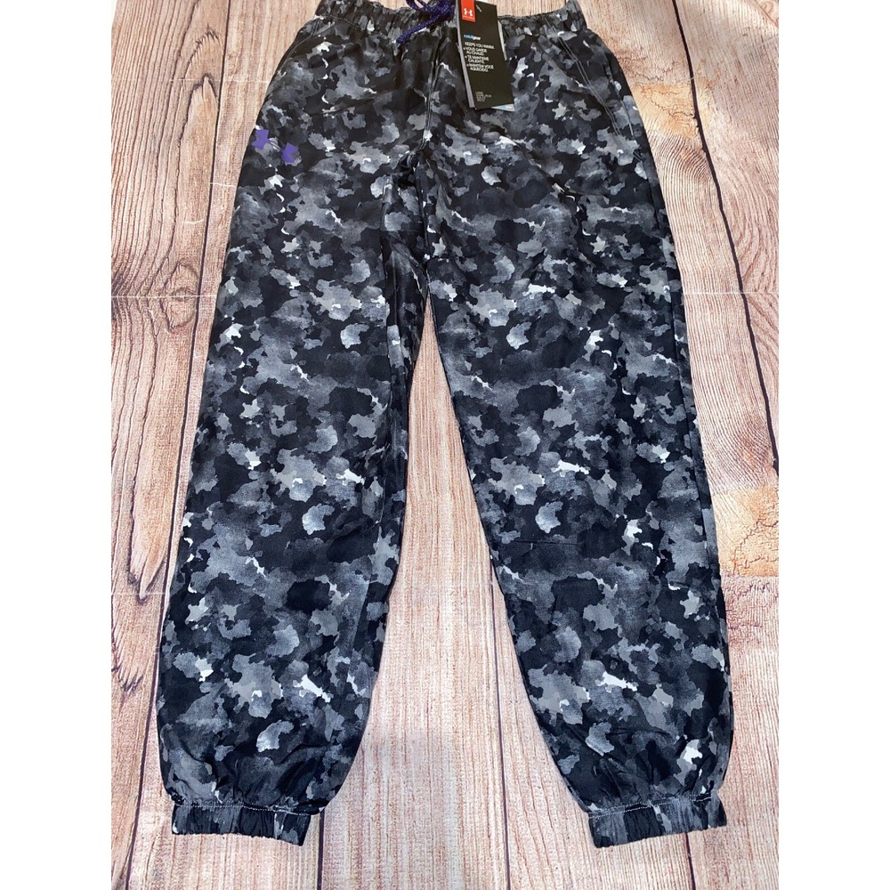 Under Armour Youth Small Girls Fleece Lined Joggers Black Gray Camo Pattern New